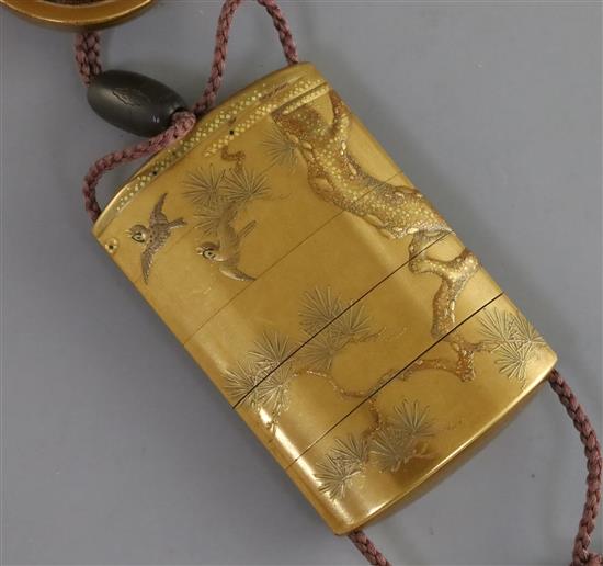 A Japanese four case gold lacquered inro, Meiji period, Inro 8.1cm